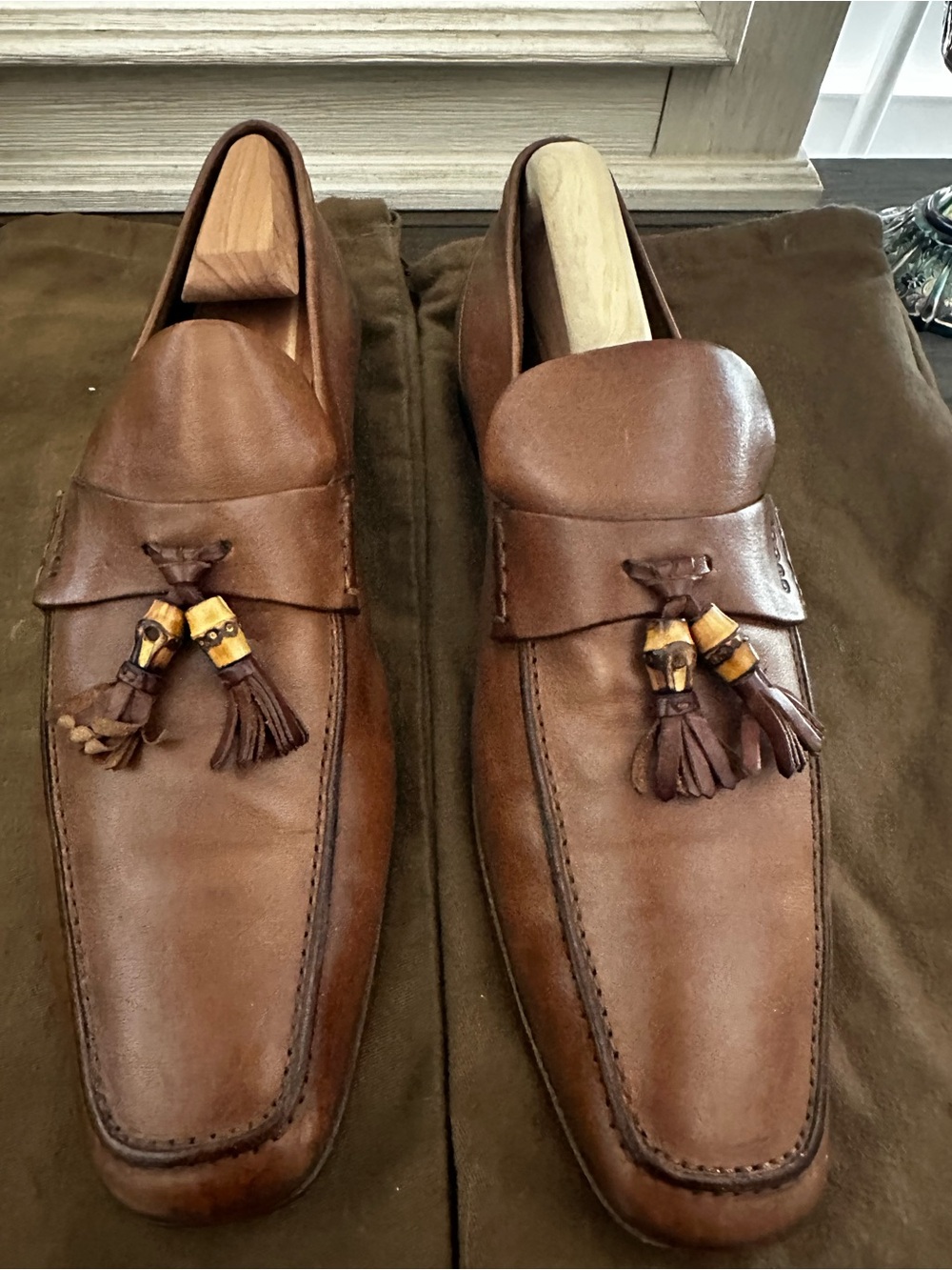 Gucci Brown Leather Tassel Loafers with Wood Bead Accents